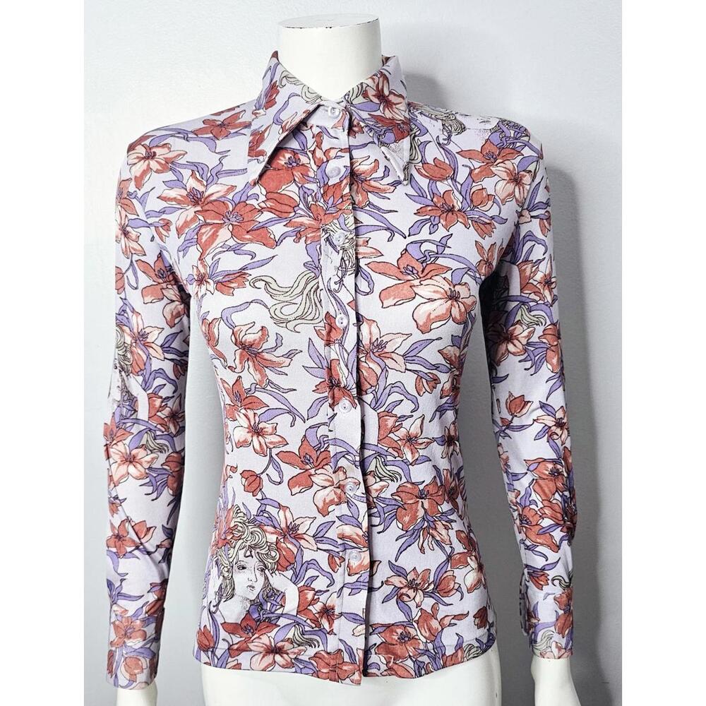 Vintage 1970s Goddess Lady Face Shirt: Purple and Orange Dagger Collar